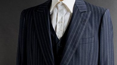 original pinstripe gangster style suit, worn by Al Pacino as Miami drug lord Tony Montana in the memorable and climactic final act of Brian DePalma’s popular 1983 crime drama, Scarface